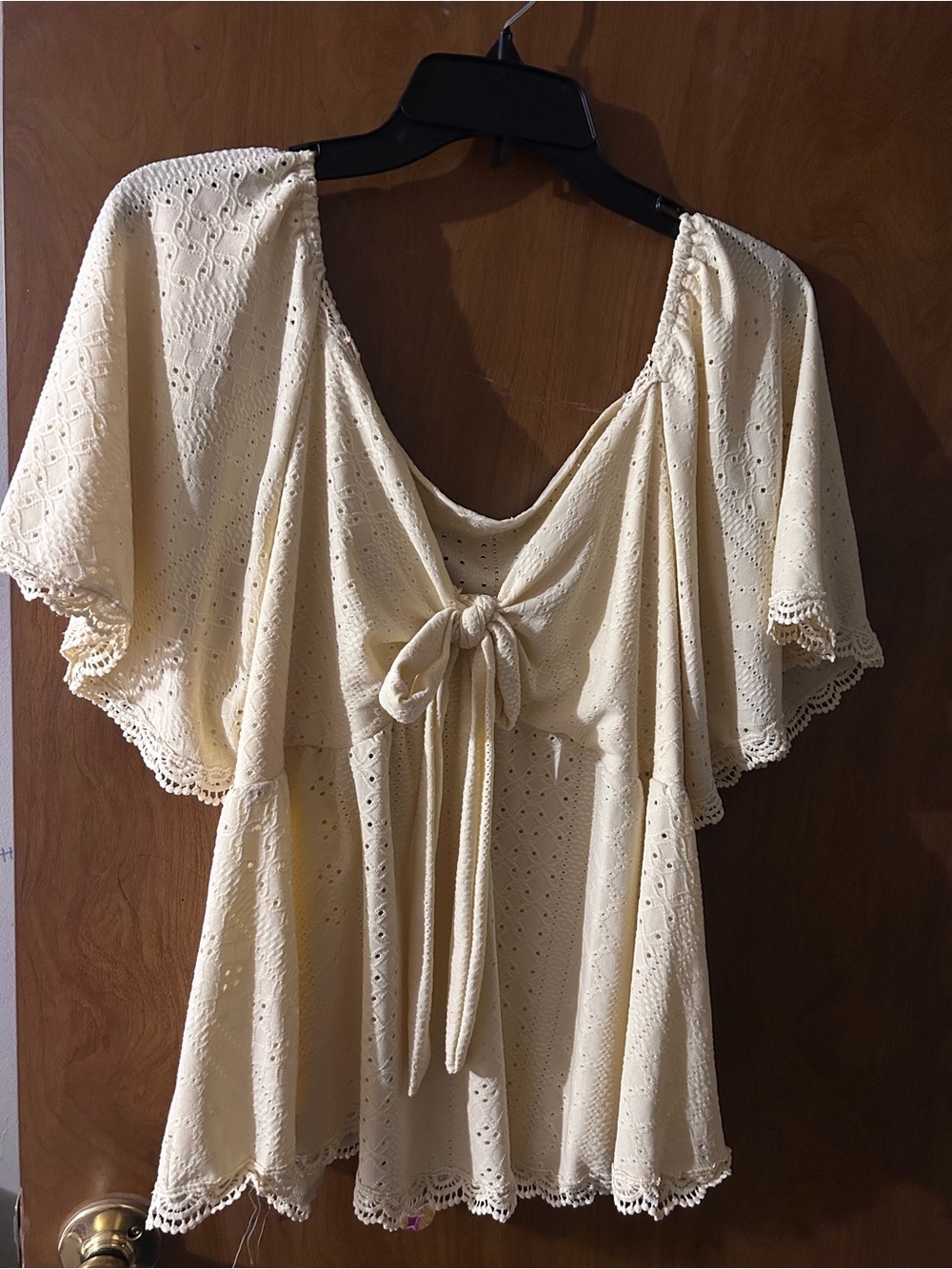 SHEIN Cream Eyelet Tie-Front Flutter Top